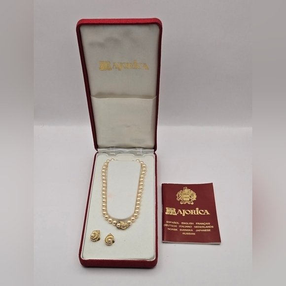 Majorica Jewelry - Majorica Pearl Necklace & Earrings Set 925 Vermeil Gold – Box & Papers